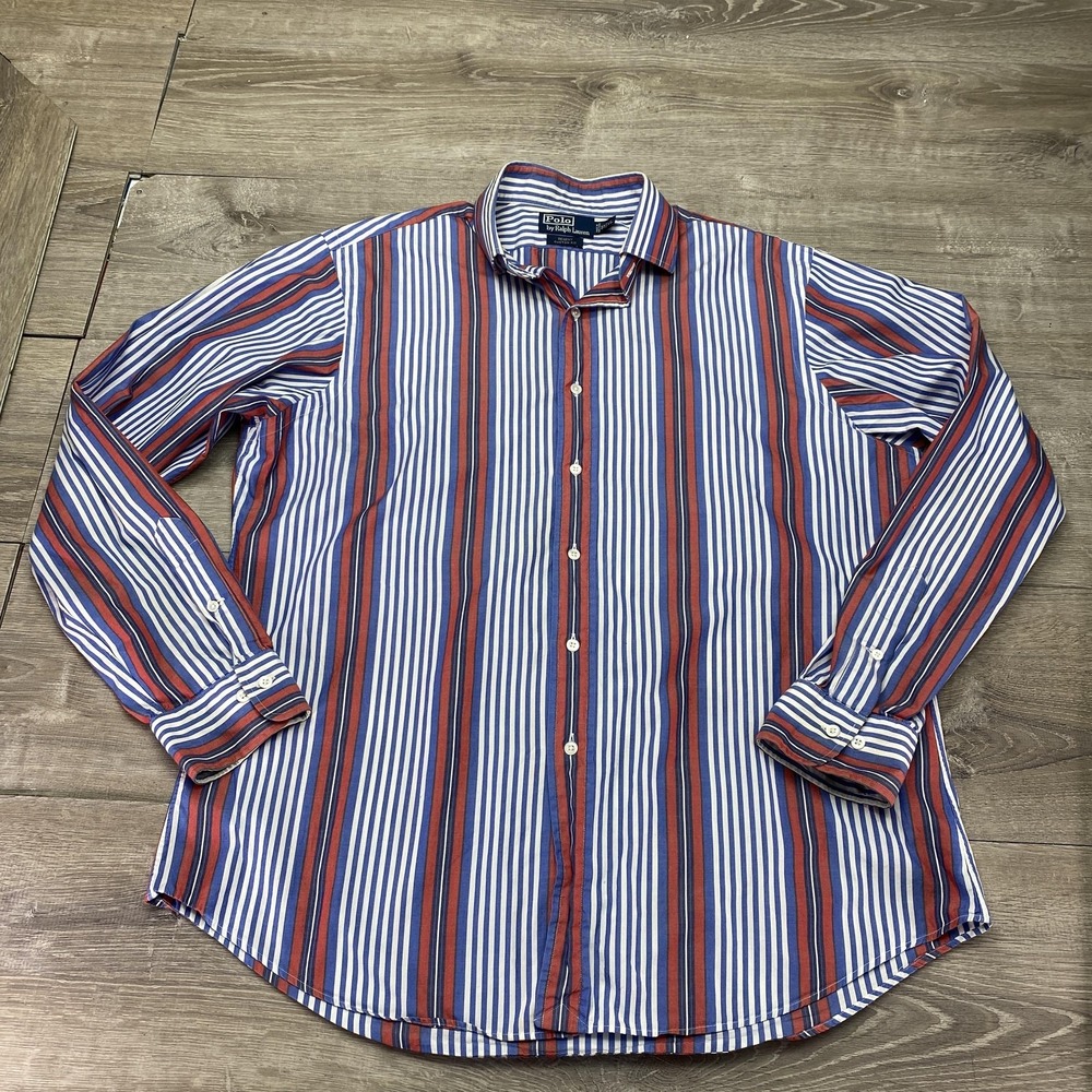 Polo Ralph Lauren Dress Shirt Mens 17 XL Blue Red Stripe Regent Long Sleeve